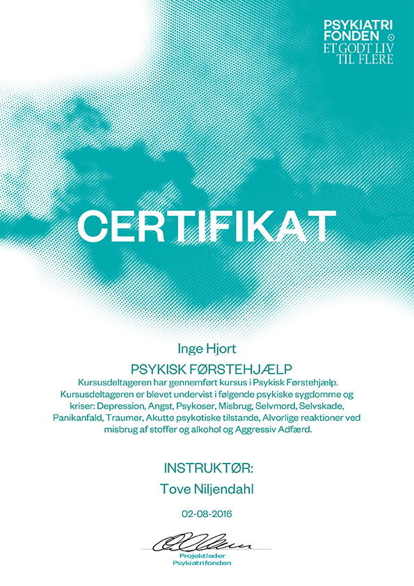 Certifikat Inge Hjort Psykisk førstehjælp